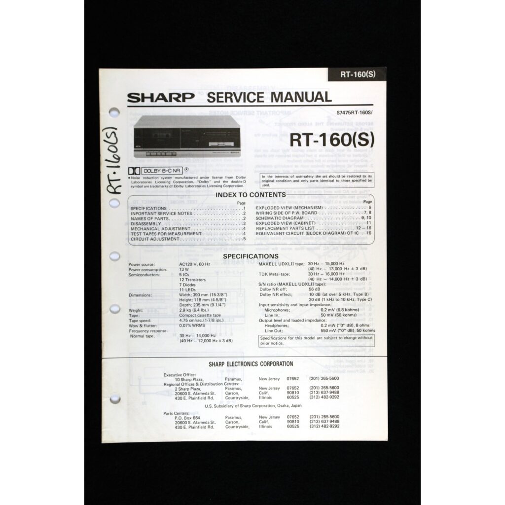 Sharp RT-160 Cassette Deck — Service Manual