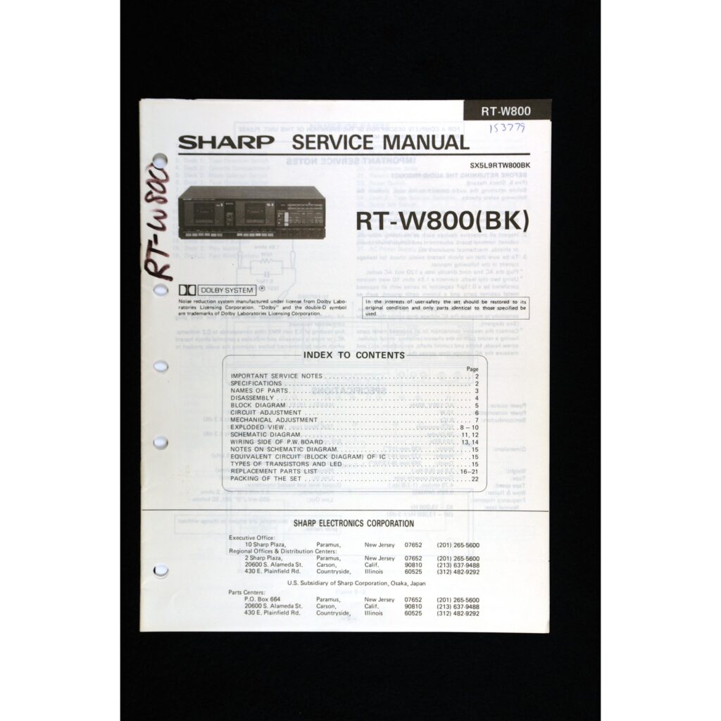 Sharp RT-W800 Dual Cassette Deck — Service Manual