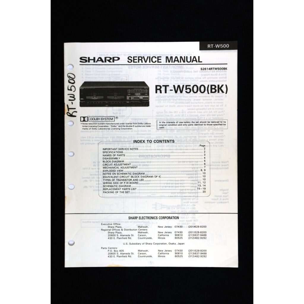 Sharp RT-W500 Dual Cassette Deck — Service Manual
