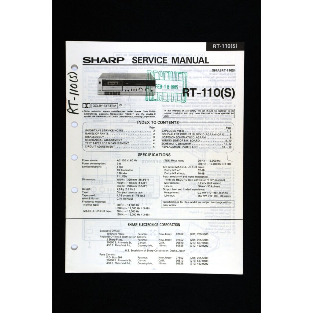 Sharp RT-110 Cassette Deck — Service Manual