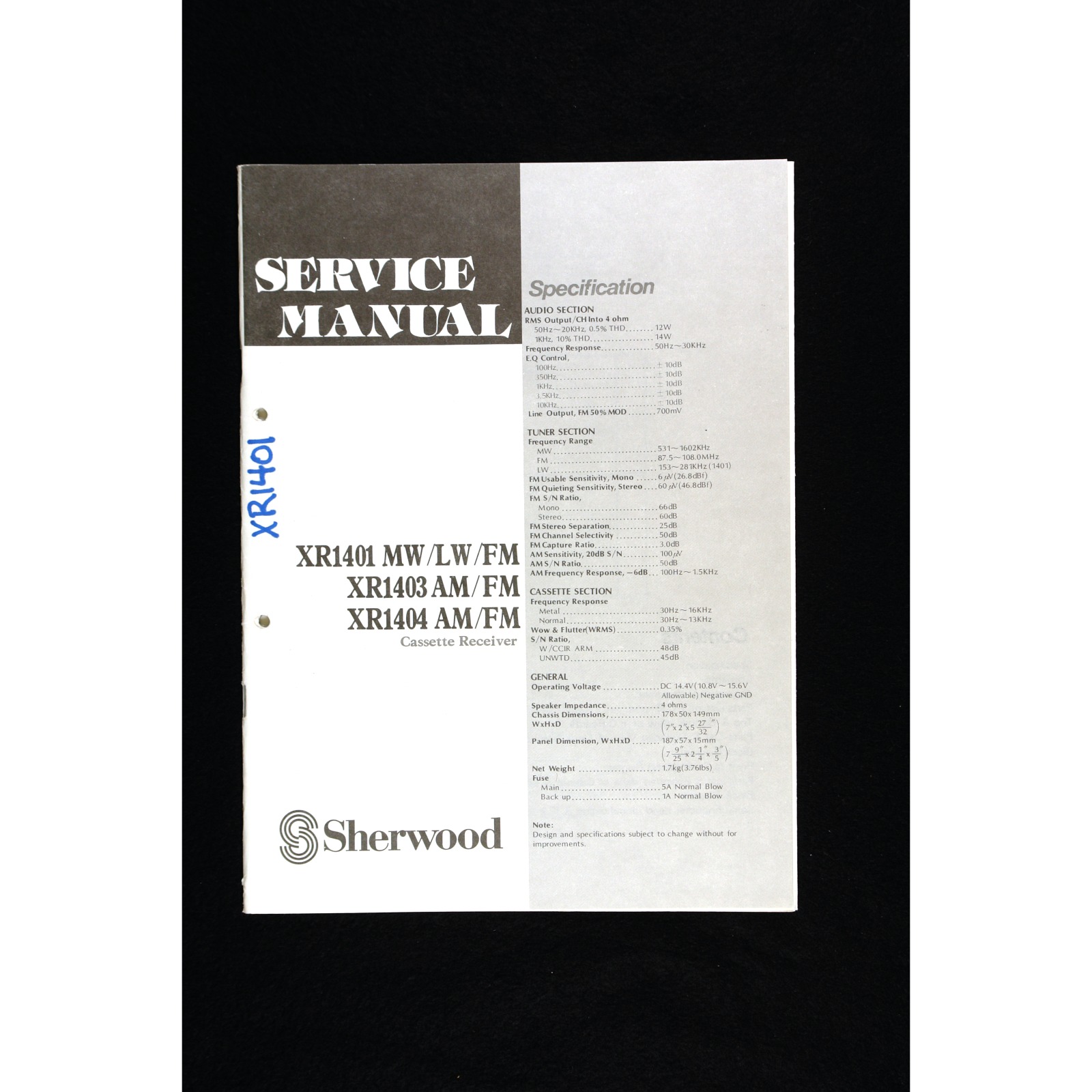 Sherwood XR-1401 series AM/FM Cassette Receiver (Car Stereo) — Service Manual