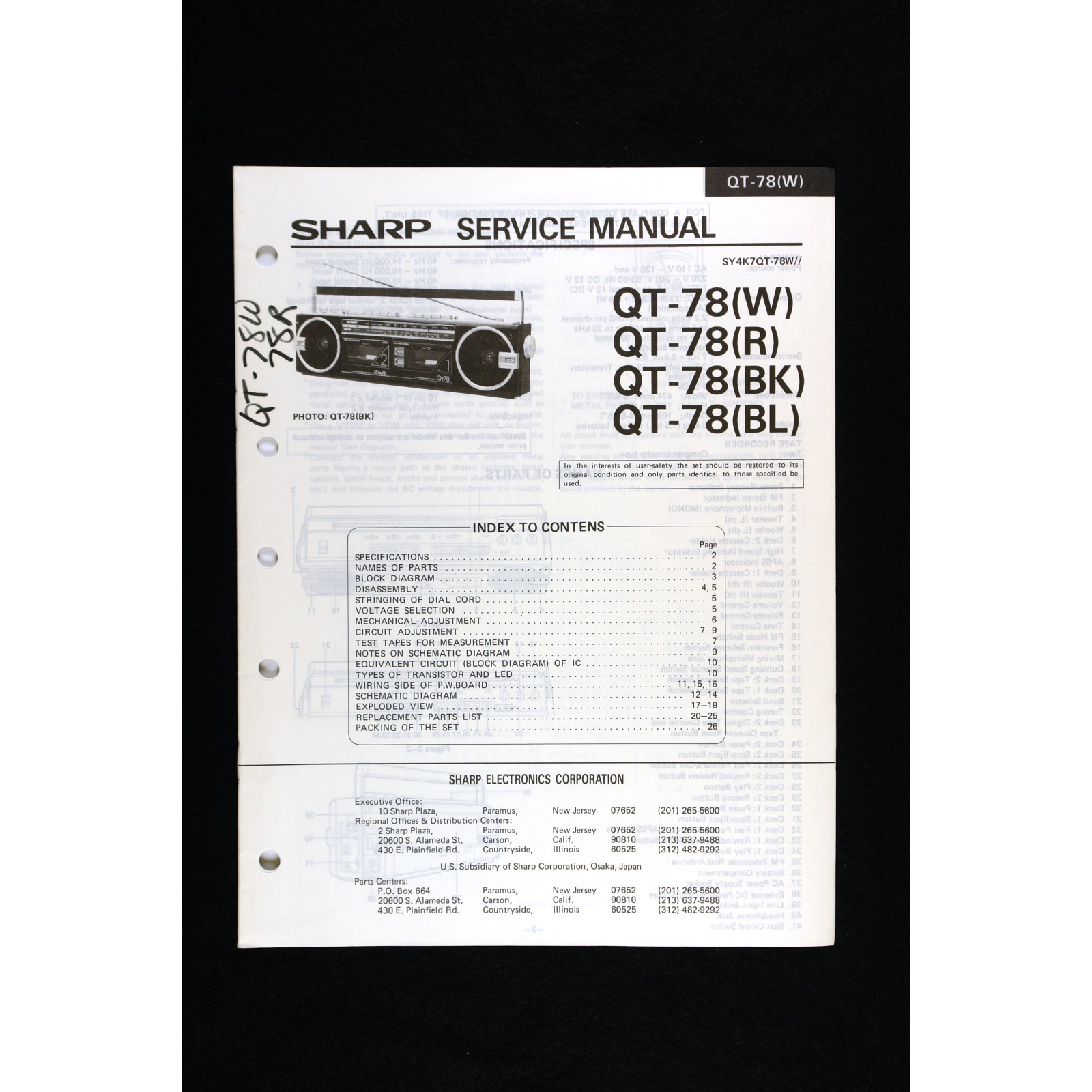 Sharp QT-78 Radio Cassette Recorder — Service Manual
