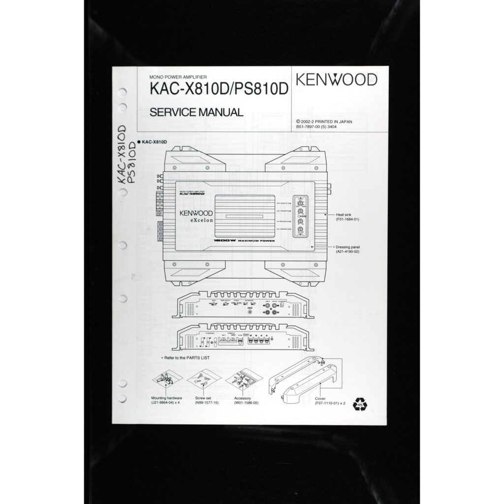 Kenwood KAC-X810D / PS810D Mono Car Power Amplifier — Service Manual