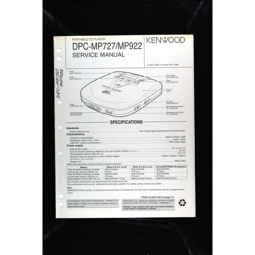 Kenwood DPC-MP727 / MP922 Portable CD Player — Service Manual