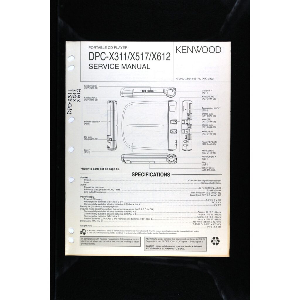 Kenwood DPC-X311 series Portable CD Player — Service Manual