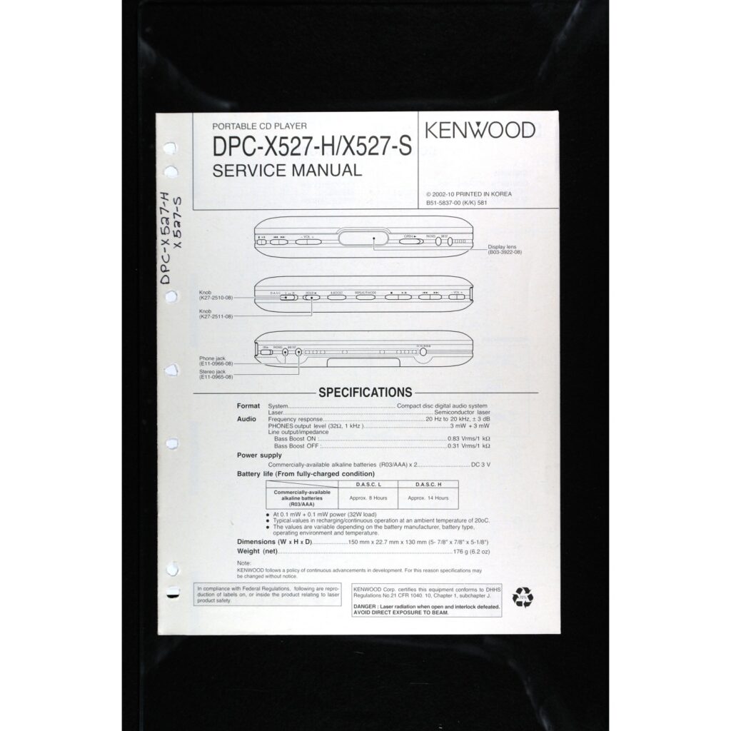 Kenwood DPC-X527 Portable CD Player — Service Manual