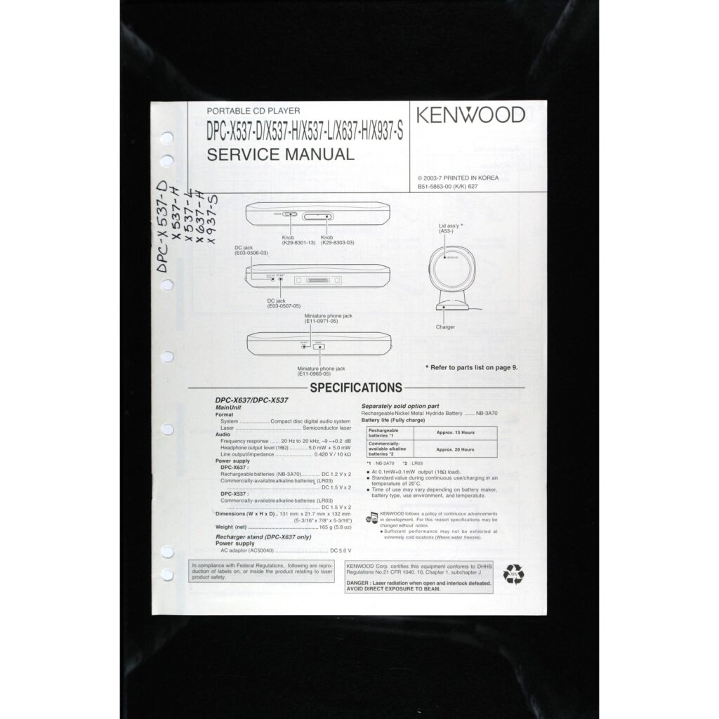 Kenwood DPC-X537 series Portable CD Player — Service Manual