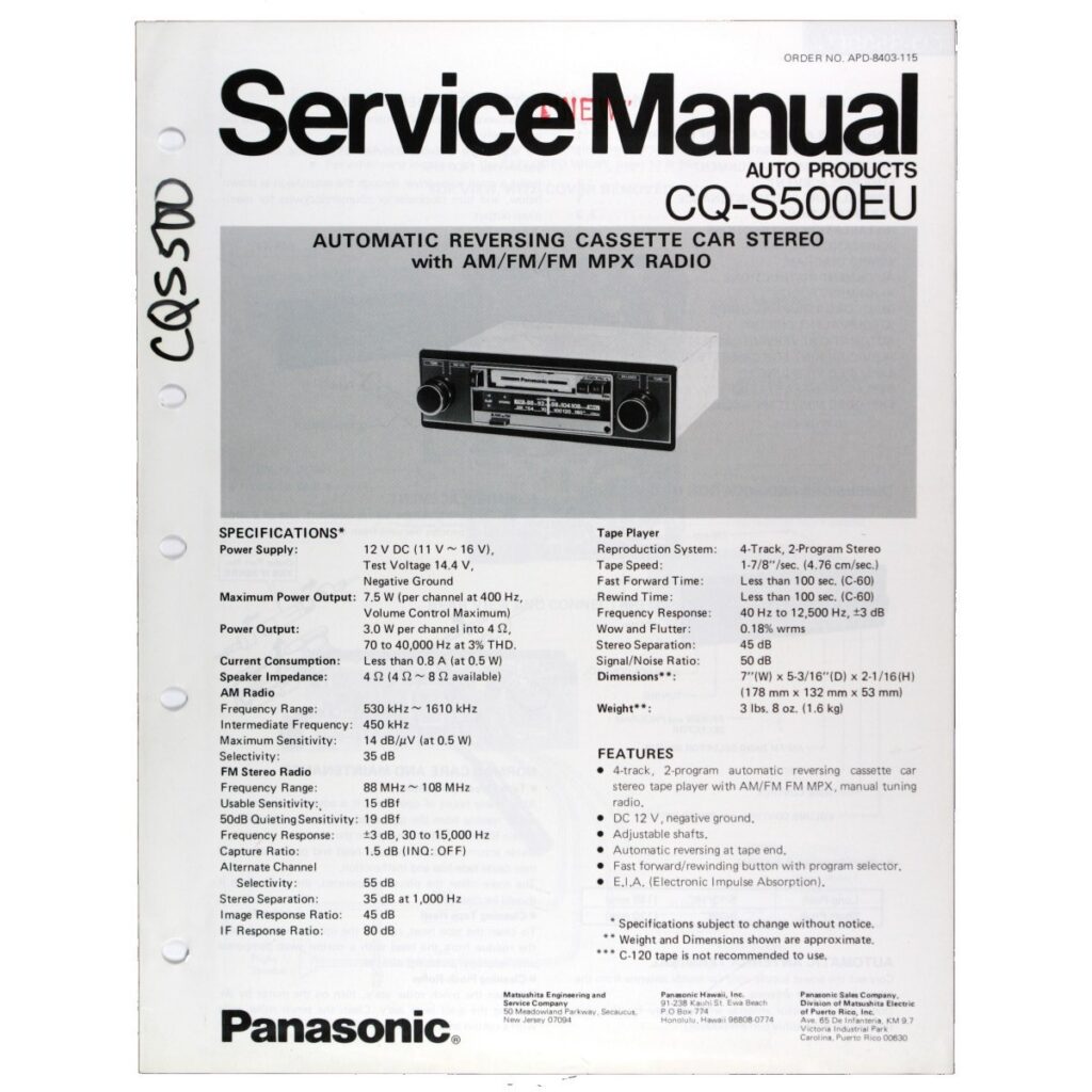 Panasonic CQ-S500EU Cassette Car Stereo — Service Manual