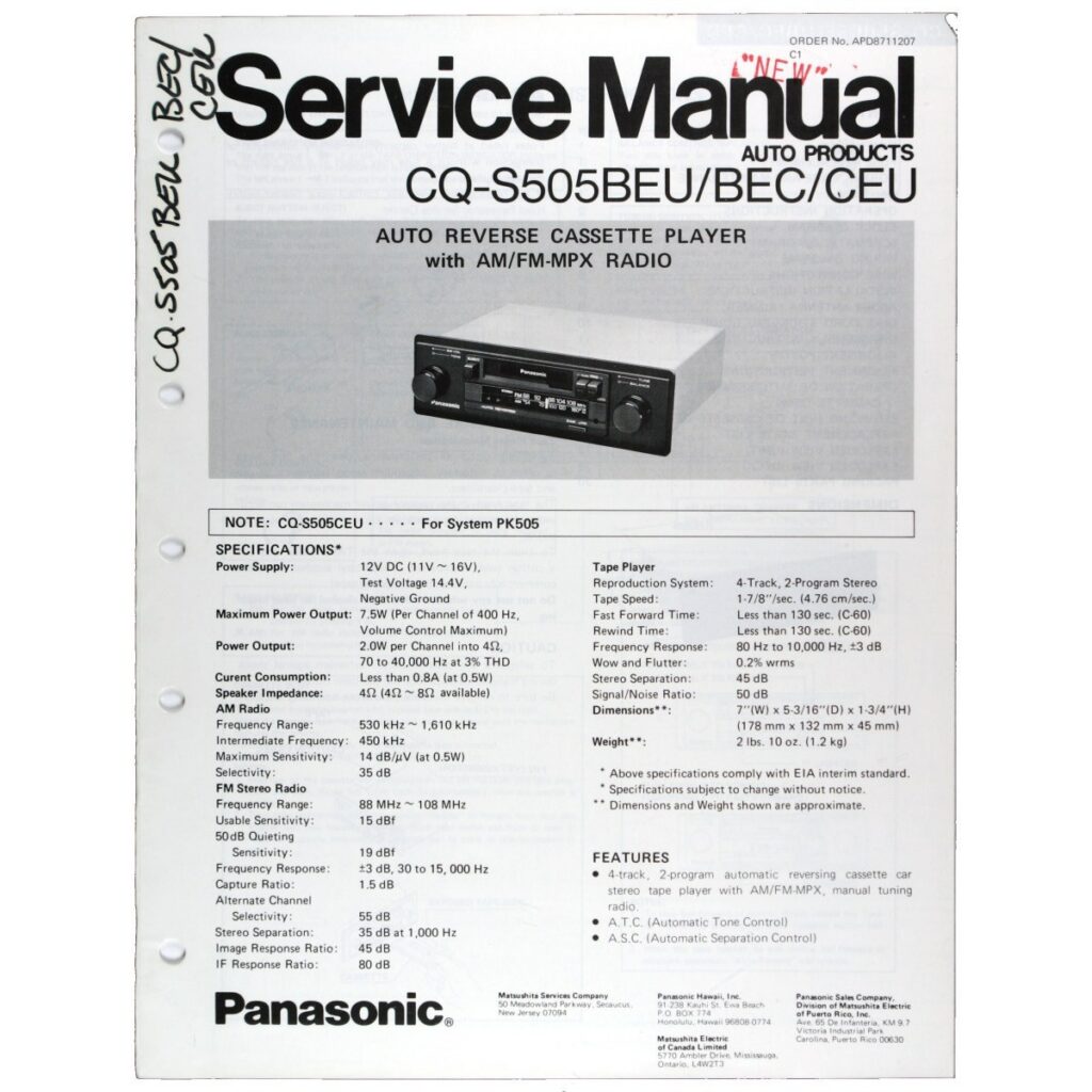Panasonic CQ-S505BEU Auto-Reverse Cassette Car Stereo — Service Manual