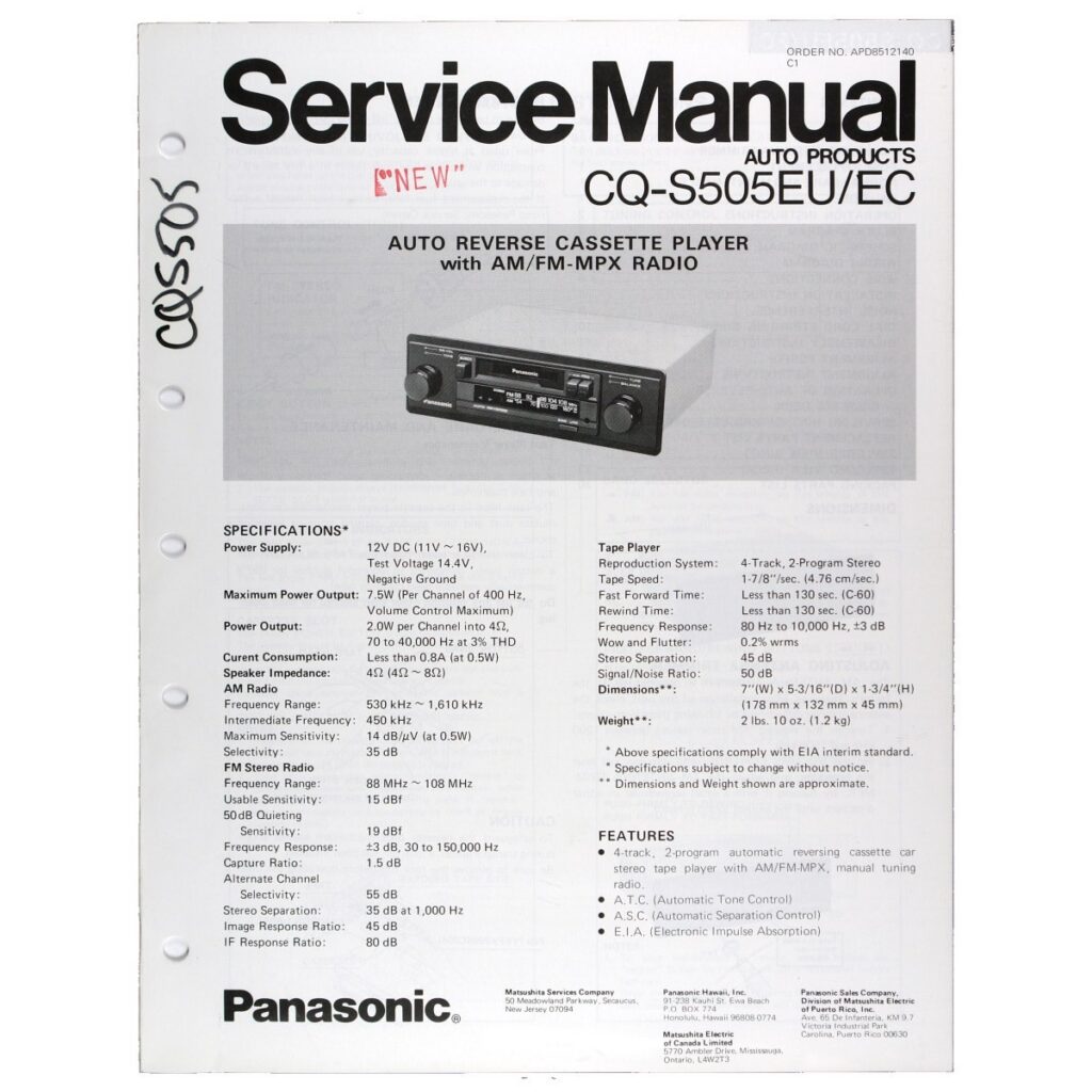 Panasonic CQ-S505EU Auto-Reverse Cassette Car Stereo — Service Manual