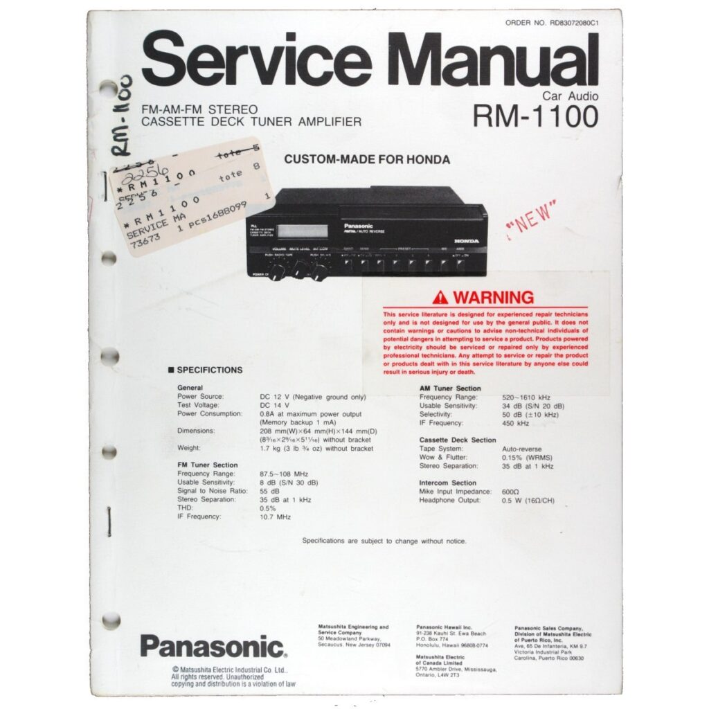 Panasonic RM-1100 Car Stereo Cassette (Honda OEM) — Service Manual