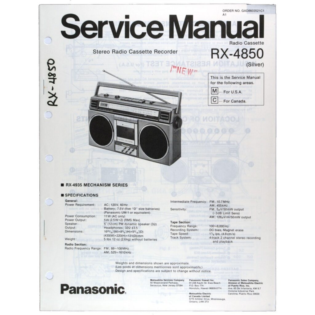 Panasonic RX-4850 Radio Cassette Recorder — Service Manual