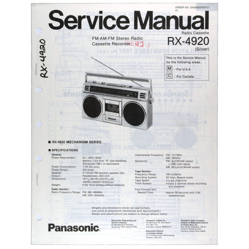 Panasonic RX-4920 Radio Cassette Recorder — Service Manual