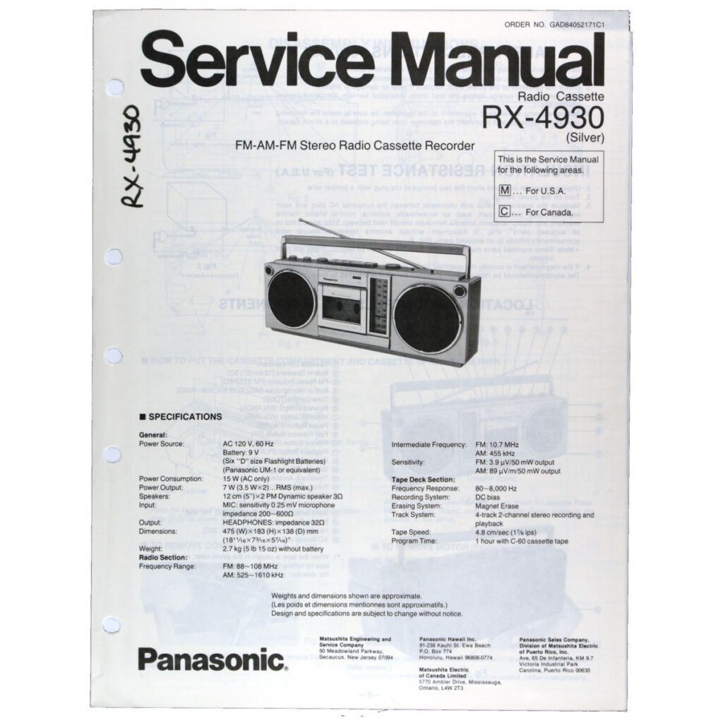 Panasonic RX-4930 Radio Cassette Recorder — Service Manual