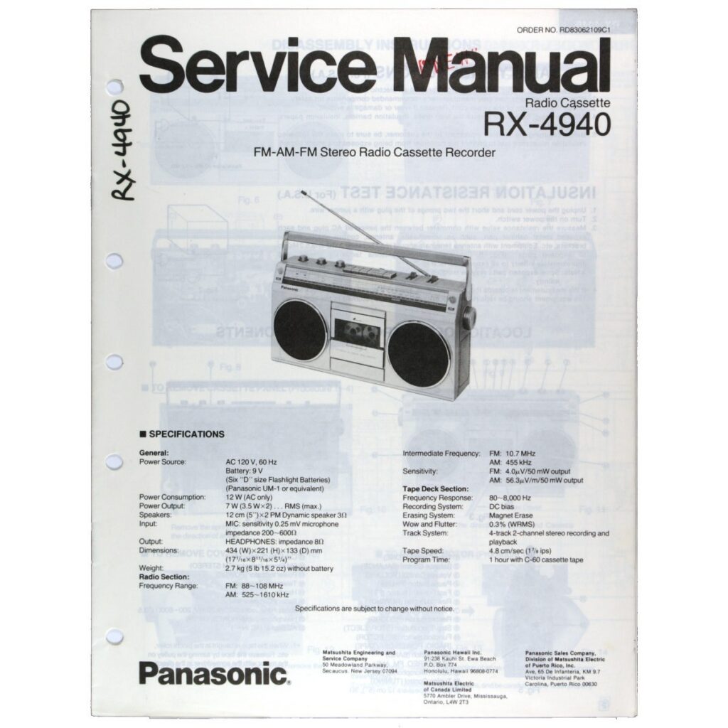 Panasonic RX-4940 Radio Cassette Recorder — Service Manual