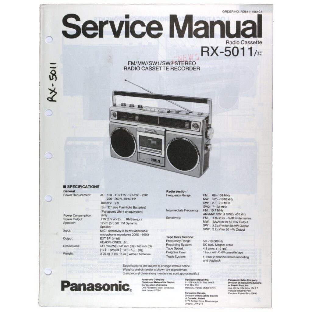 Panasonic RX-5011 Radio Cassette Recorder — Service Manual