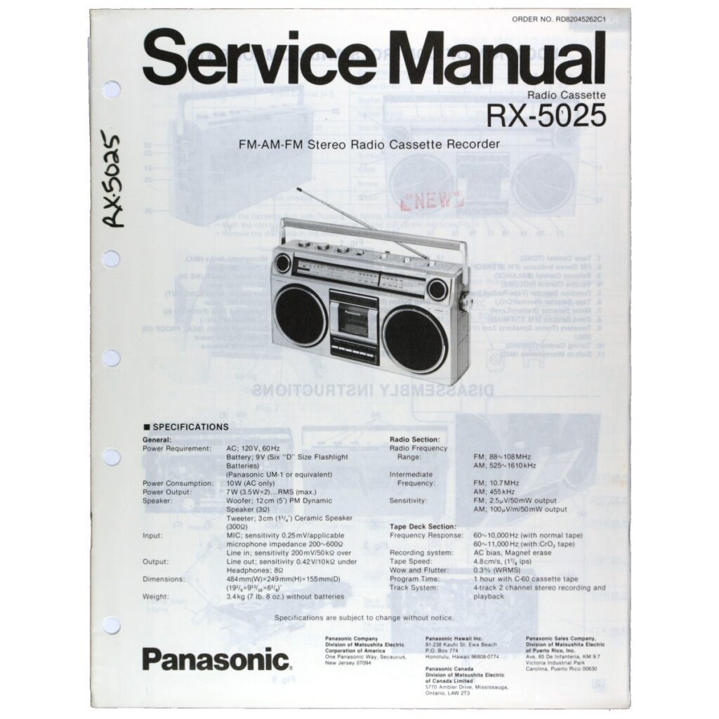 Panasonic RX-5025 Radio Cassette Recorder — Service Manual