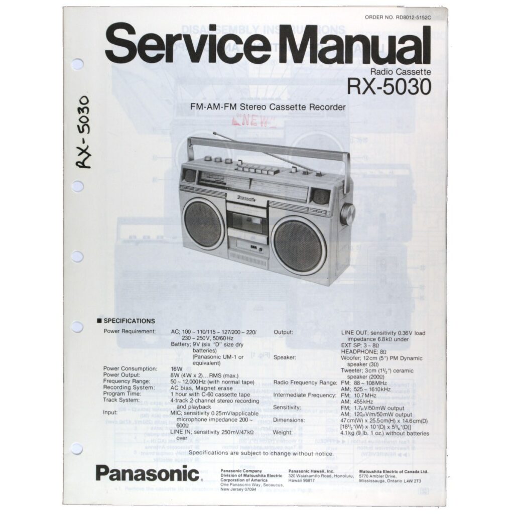 Panasonic RX-5030 Radio Cassette Recorder — Service Manual