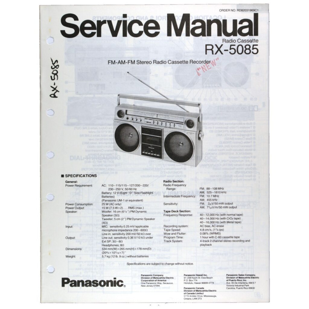 Panasonic RX-5085 Radio Cassette Recorder — Service Manual