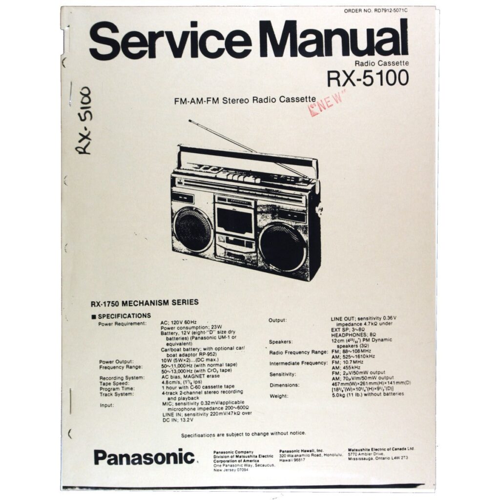 Panasonic RX-5100 Radio Cassette Recorder — Service Manual