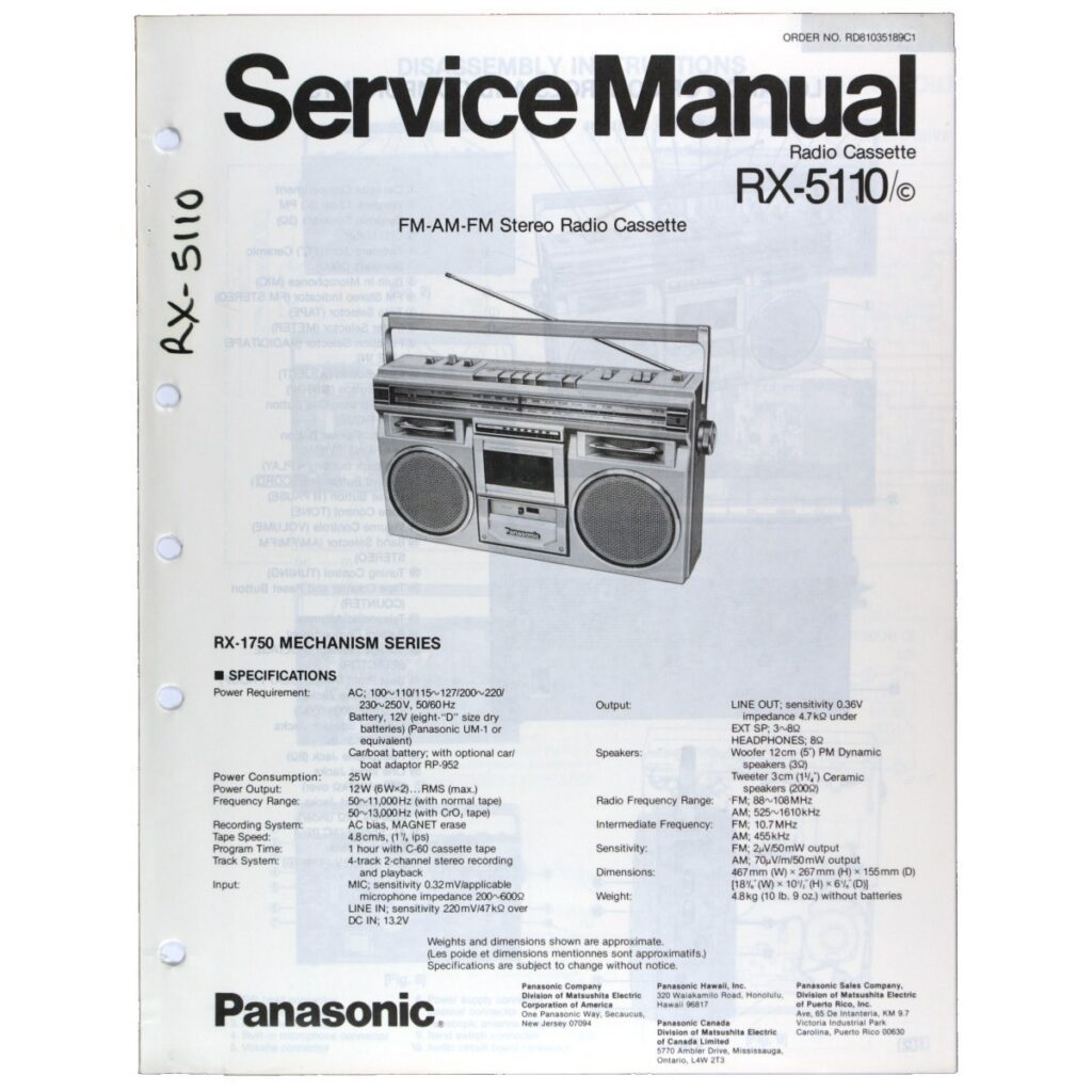 Panasonic RX-5110 Radio Cassette Recorder — Service Manual