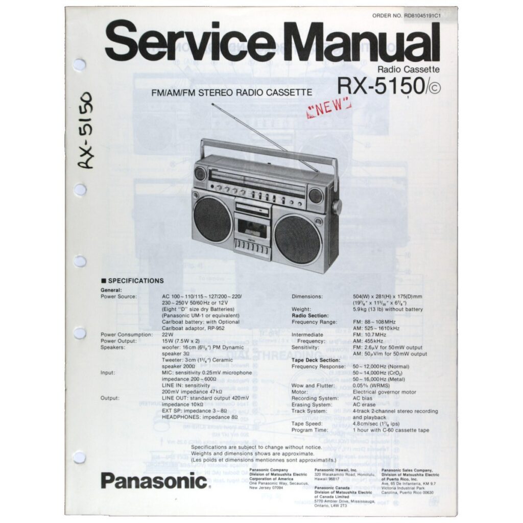 Panasonic RX-5150 Radio Cassette Recorder — Service Manual