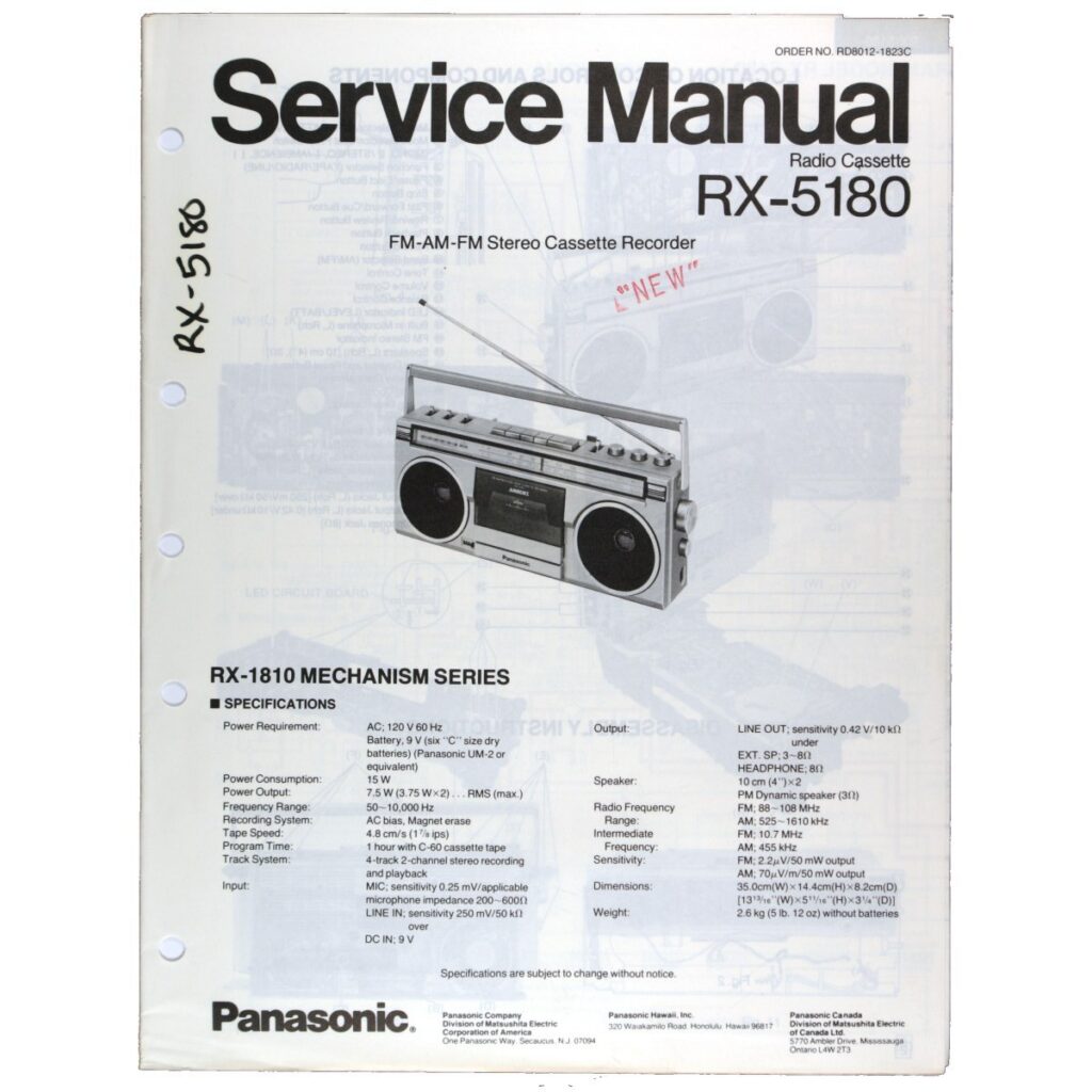 Panasonic RX-5180 Radio Cassette Recorder — Service Manual