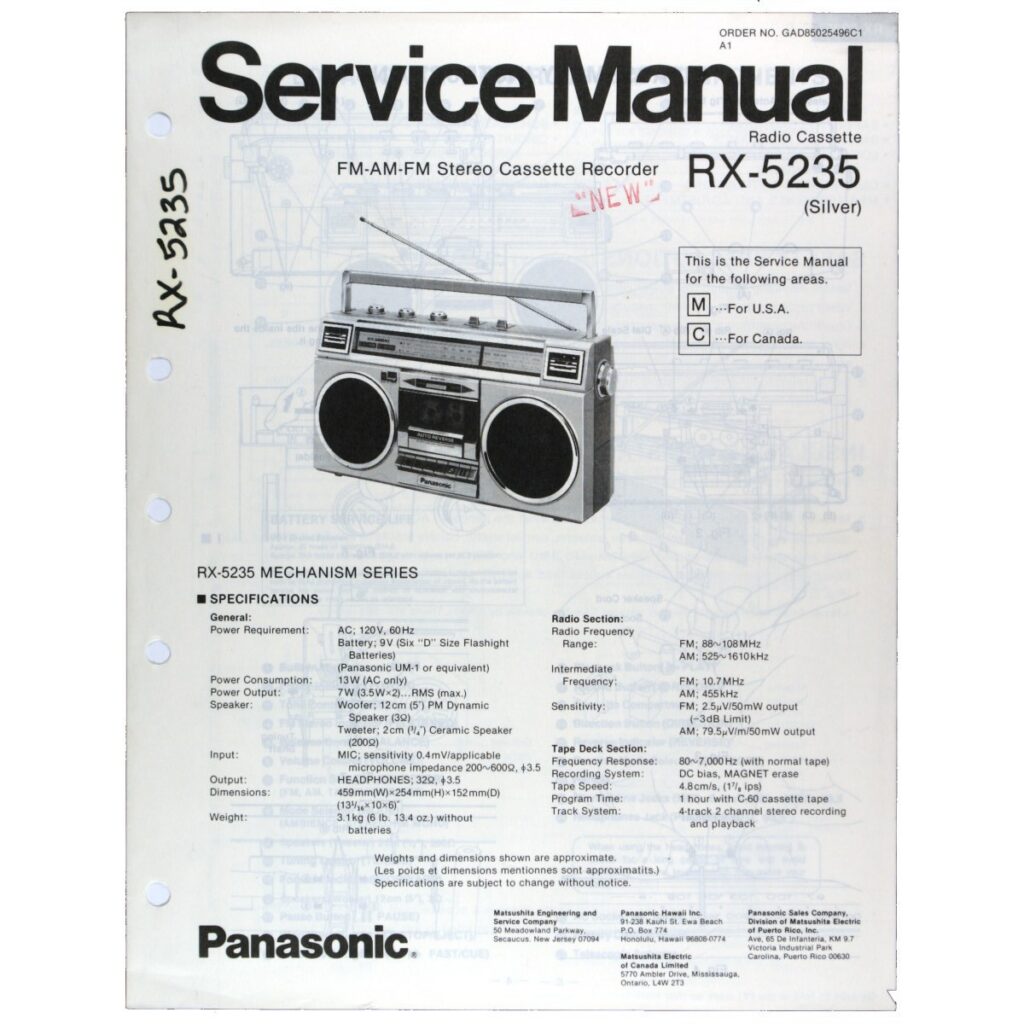 Panasonic RX-5235 Radio Cassette Recorder — Service Manual