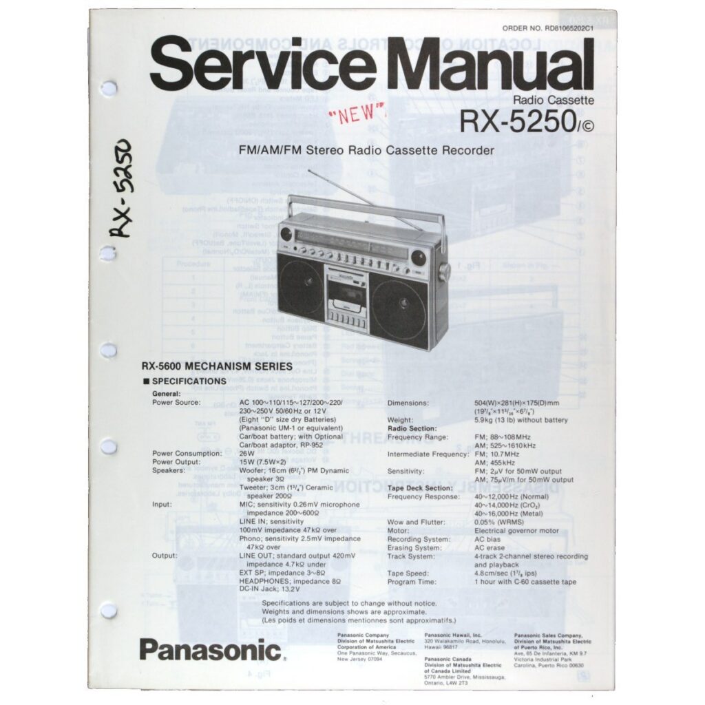 Panasonic RX-5250 Radio Cassette Recorder — Service Manual