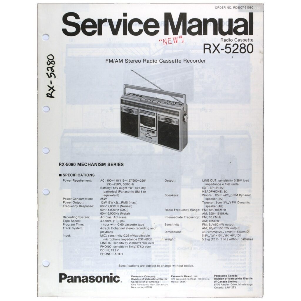 Panasonic RX-5280 Radio Cassette Recorder — Service Manual