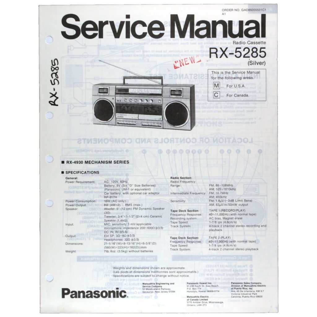 Panasonic RX-5285 Radio Cassette Recorder — Service Manual