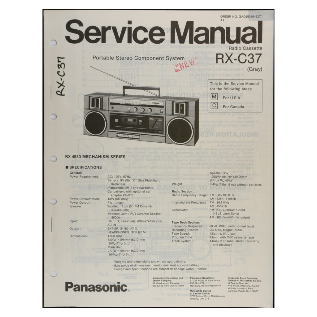 Panasonic RX-C37 Radio-Cassette Recorder — Service Manual