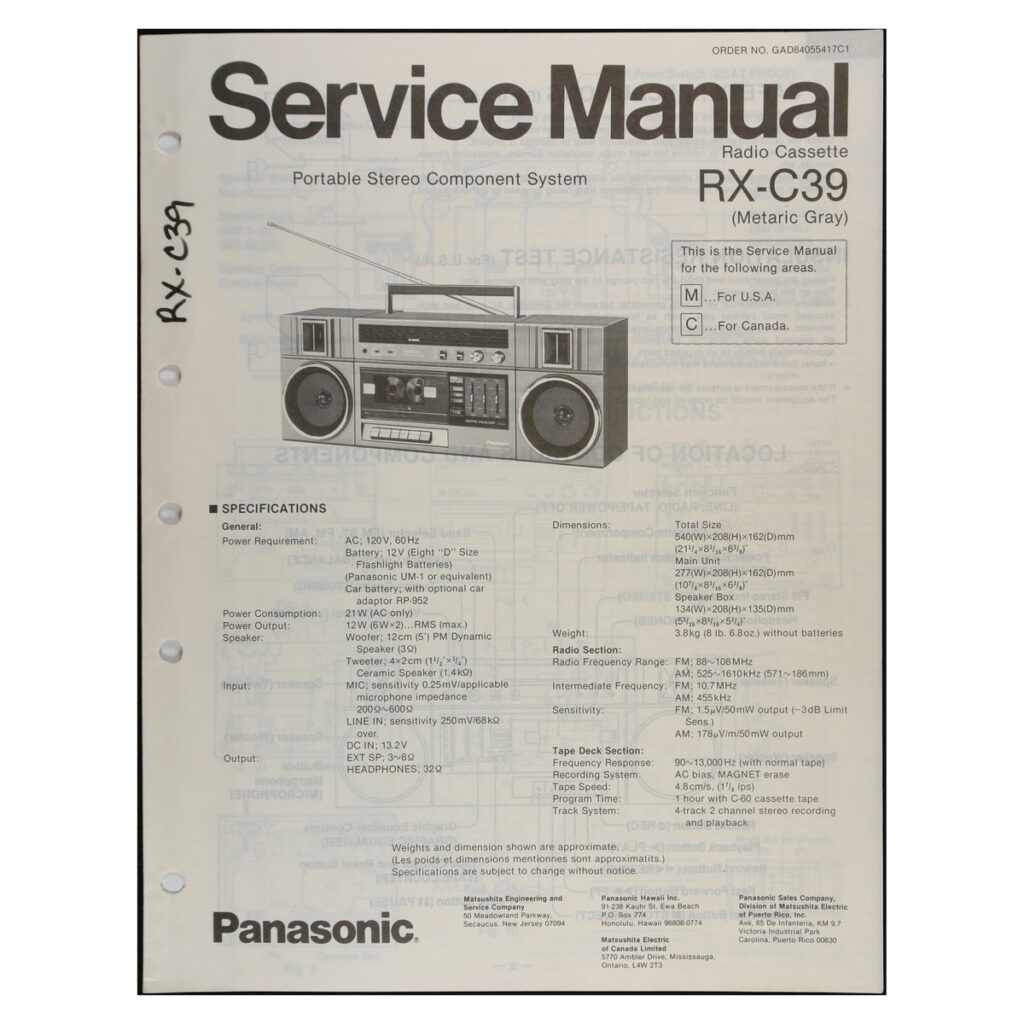 Panasonic RX-C39 Radio-Cassette Recorder — Service Manual