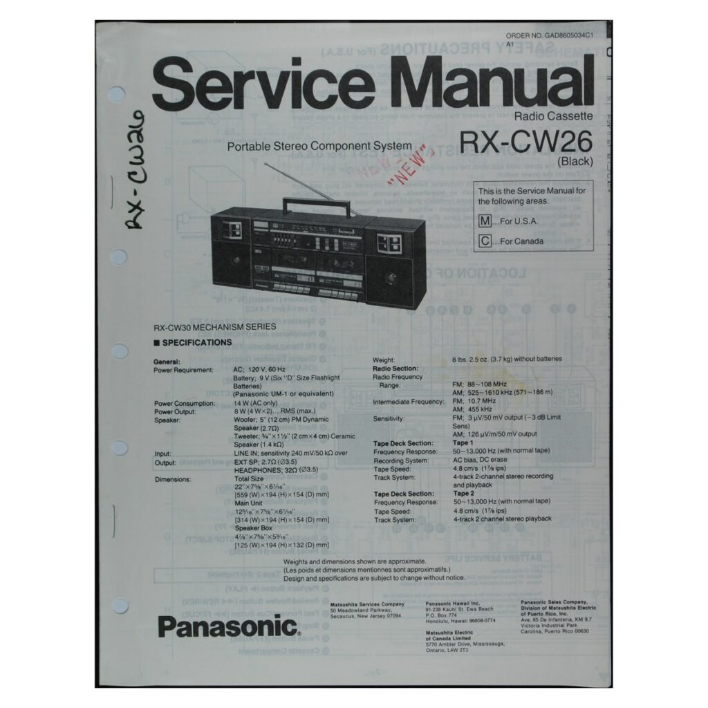 Panasonic RX-CW26 Radio-Cassette Recorder — Service Manual