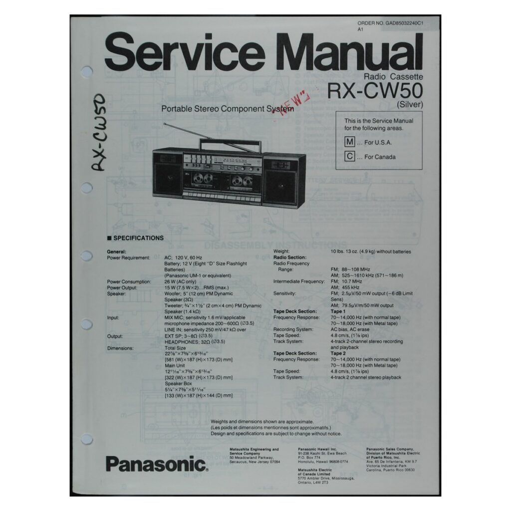 Panasonic RX-CW50 Radio-Cassette Recorder — Service Manual