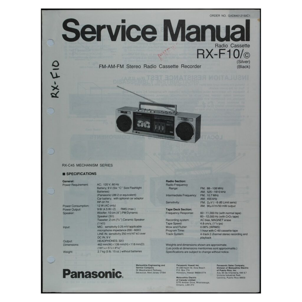Panasonic RX-F10 Radio-Cassette Recorder — Service Manual