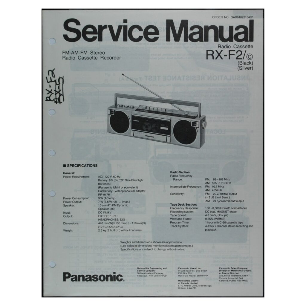 Panasonic RX-F2 Radio-Cassette Recorder — Service Manual