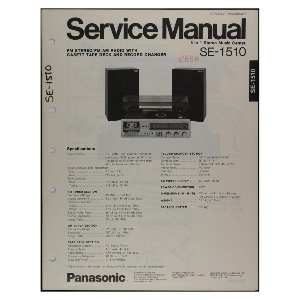Panasonic SE-1510 3-in-1 Stereo Music Center — Service Manual