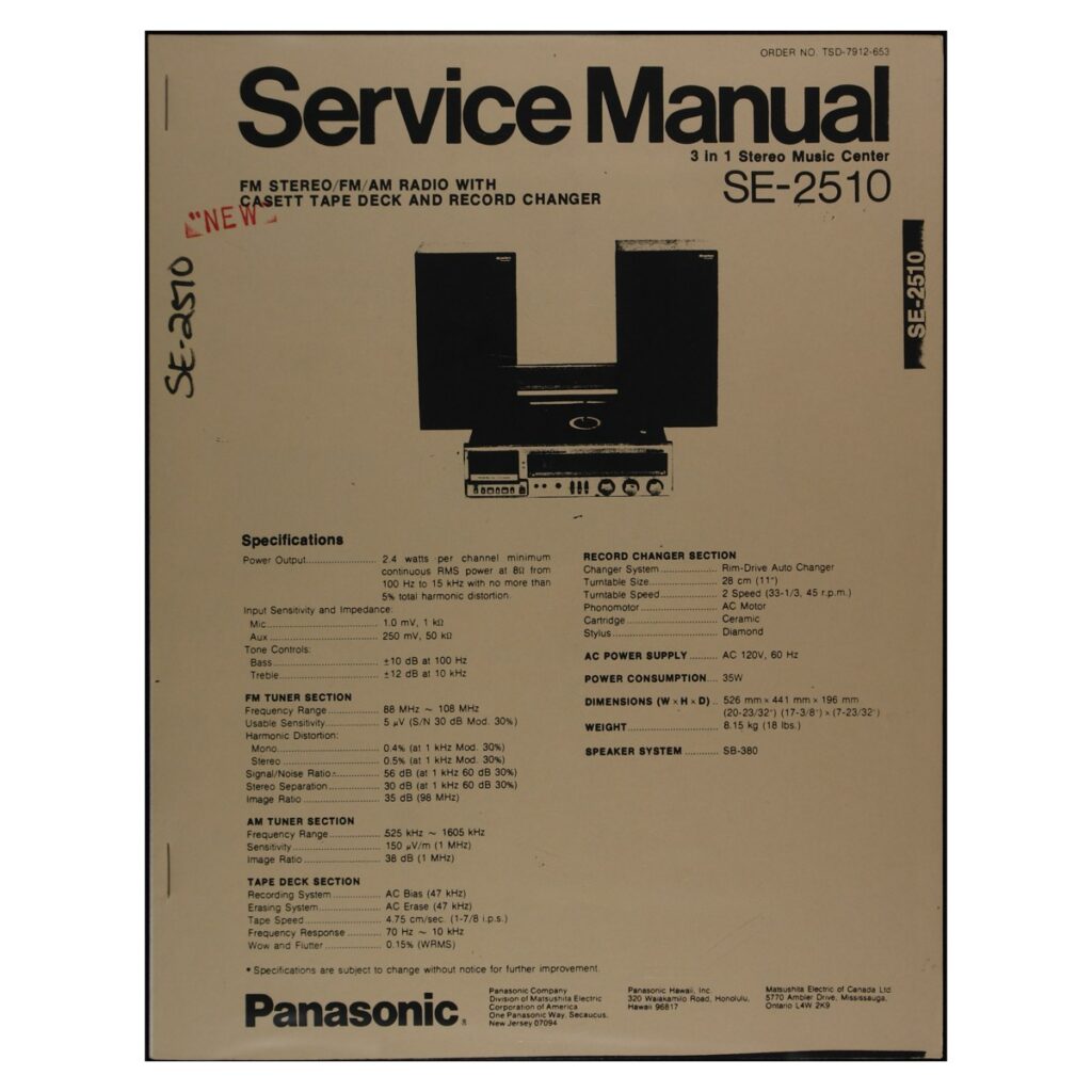 Panasonic SE-2510 3-in-1 Stereo Music Center — Service Manual