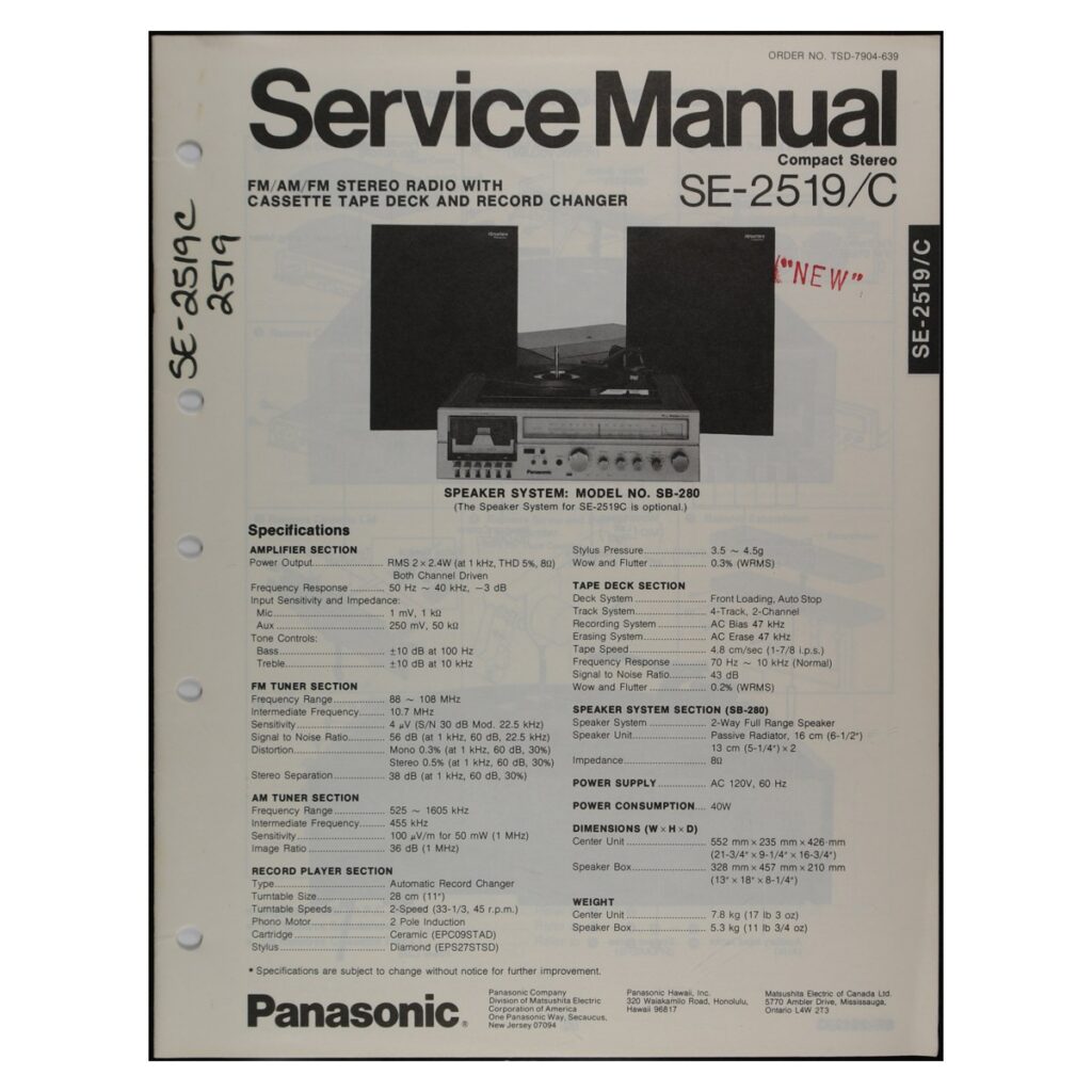 Panasonic SE-2519 Compact Stereo System — Service Manual