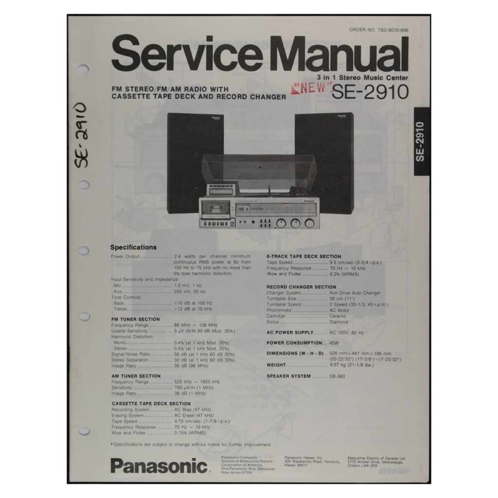 Panasonic SE-2910 3-in-1 Stereo Music Center — Service Manual