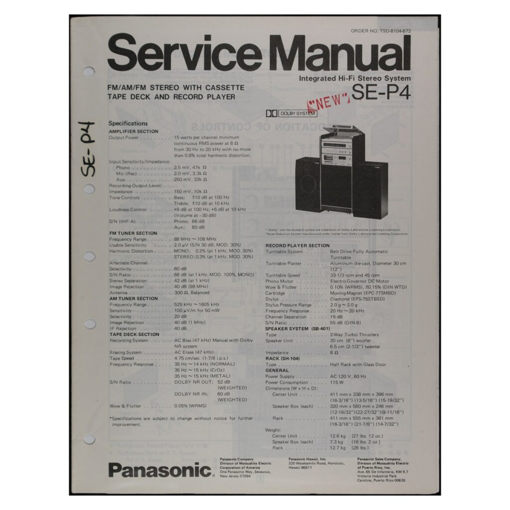 Panasonic SE-P4 Integrated Hi-Fi Stereo System — Service Manual