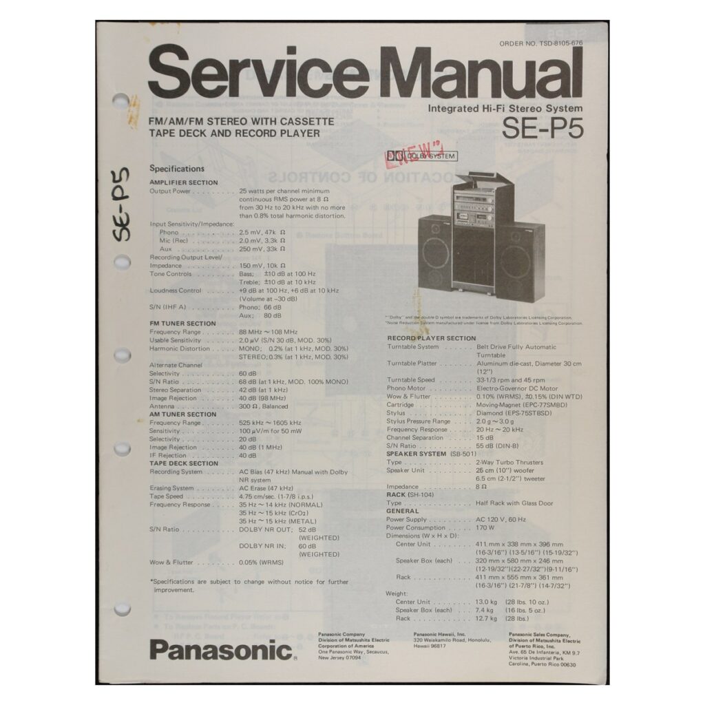 Panasonic SE-P5 Hi-Fi Stereo System — Service Manual