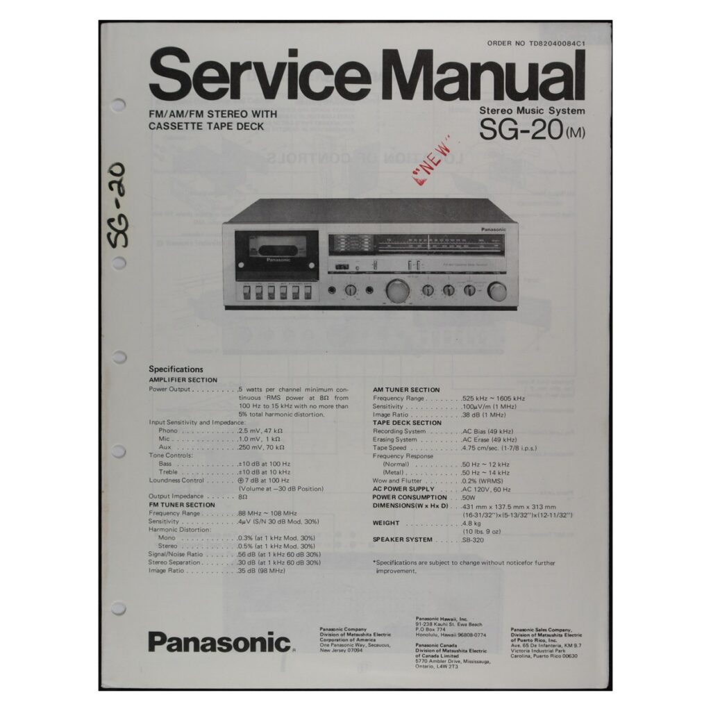 Panasonic SG-20 Stereo Music System — Service Manual