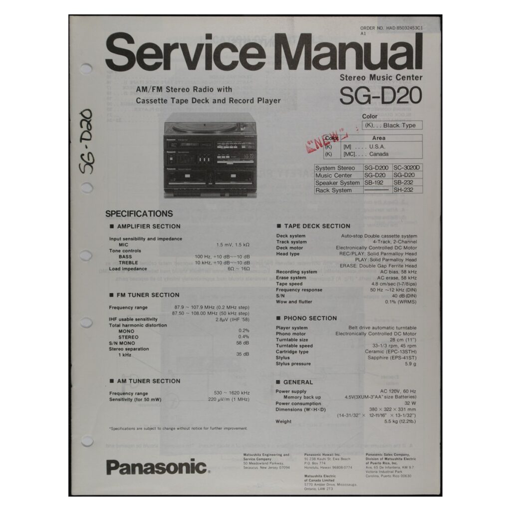 Panasonic SG-D20 Stereo Music Center — Service Manual