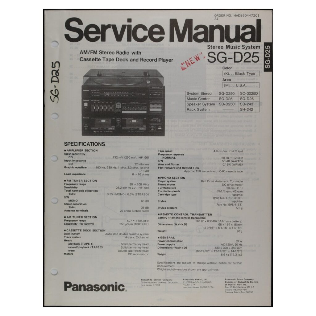 Panasonic SG-D25 Stereo Music System — Service Manual