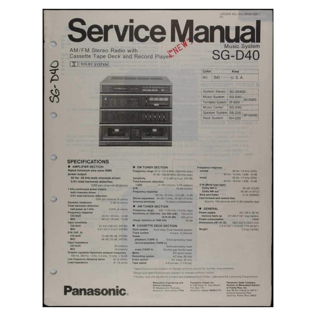 Panasonic SG-D40 Stereo Music System — Service Manual