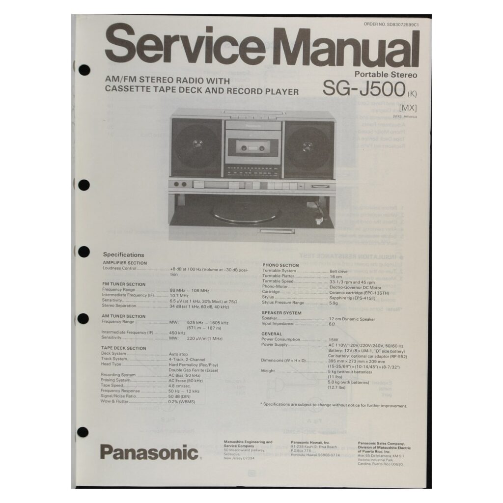 Panasonic SG-J500 Portable Stereo System — Service Manual