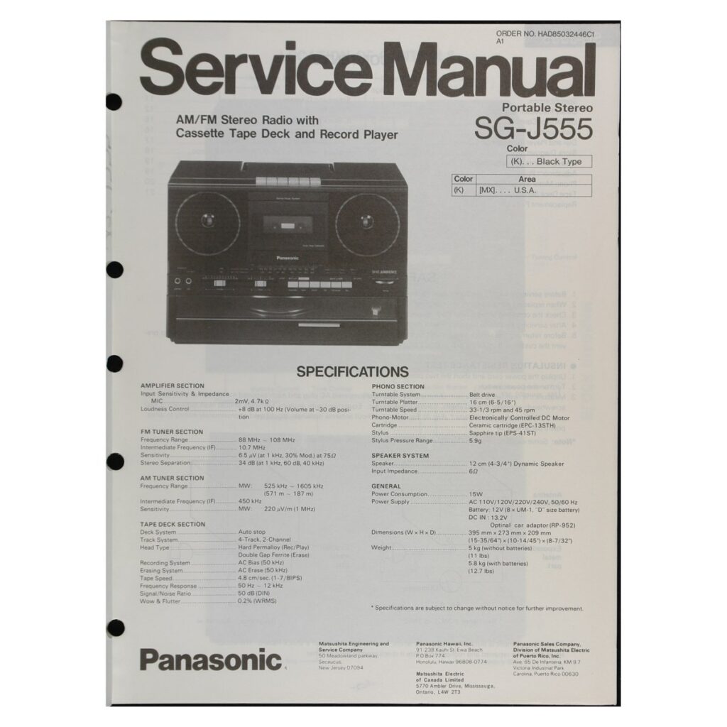 Panasonic SG-J505 Portable Stereo System — Service Manual