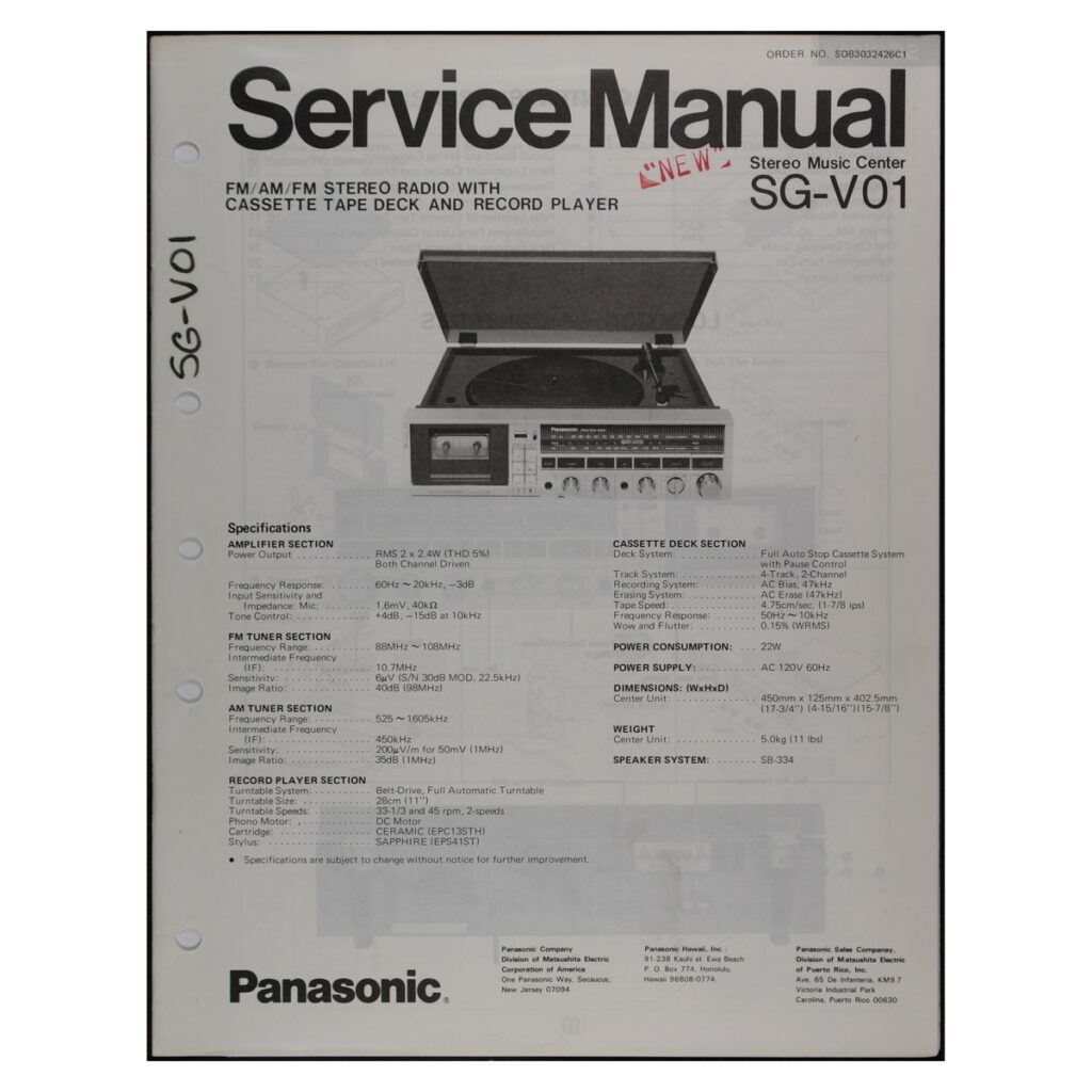 Panasonic SG-V01 Stereo Music Center — Service Manual